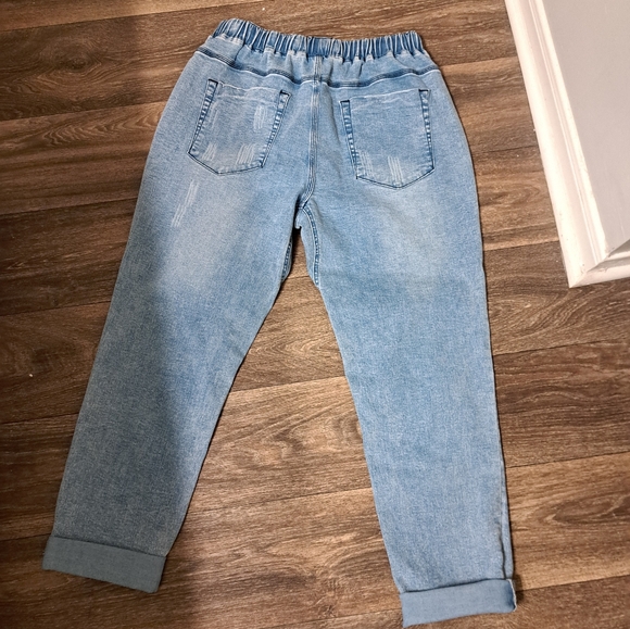 Distressed Blue Jeans with Red Plaid Patches - Picture 2 of 4